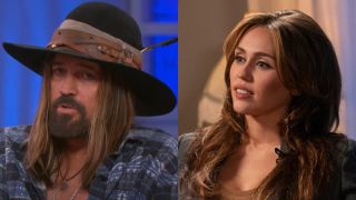 From left to right: Billy Ray Cyrus wearing a big hat on The Kelly Clarkson Show and Miley Cyrus talking during My Next Guest Needs No Introduction.