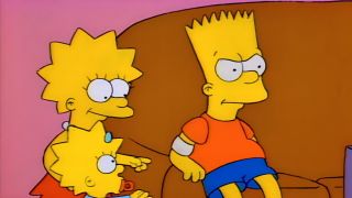 Lisa and Maggie are fascinated by Bart's tattoo removal bandage in The Simpsons.