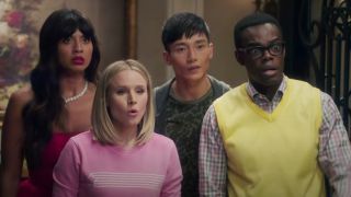 Tahani, Jason, Eleanor and Chidi on The Good Place